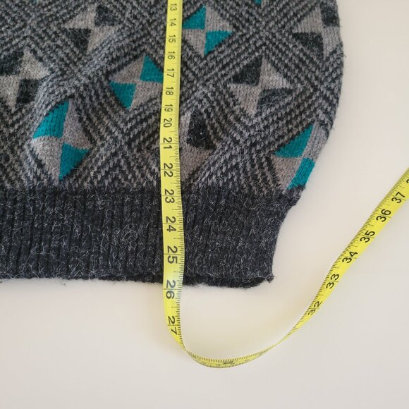 Vintage Expressions Geometric Acrylic Sweater Gray Turquoise Size Large EUC - Picture 8 of 11